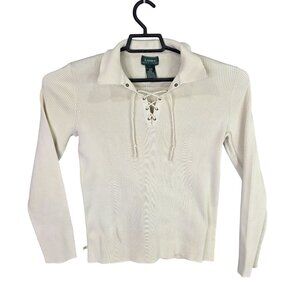 Womens Lauren Ralph Lauren Cream Ribbed Cotton Lace-Up Sweater Long Sleeve L
